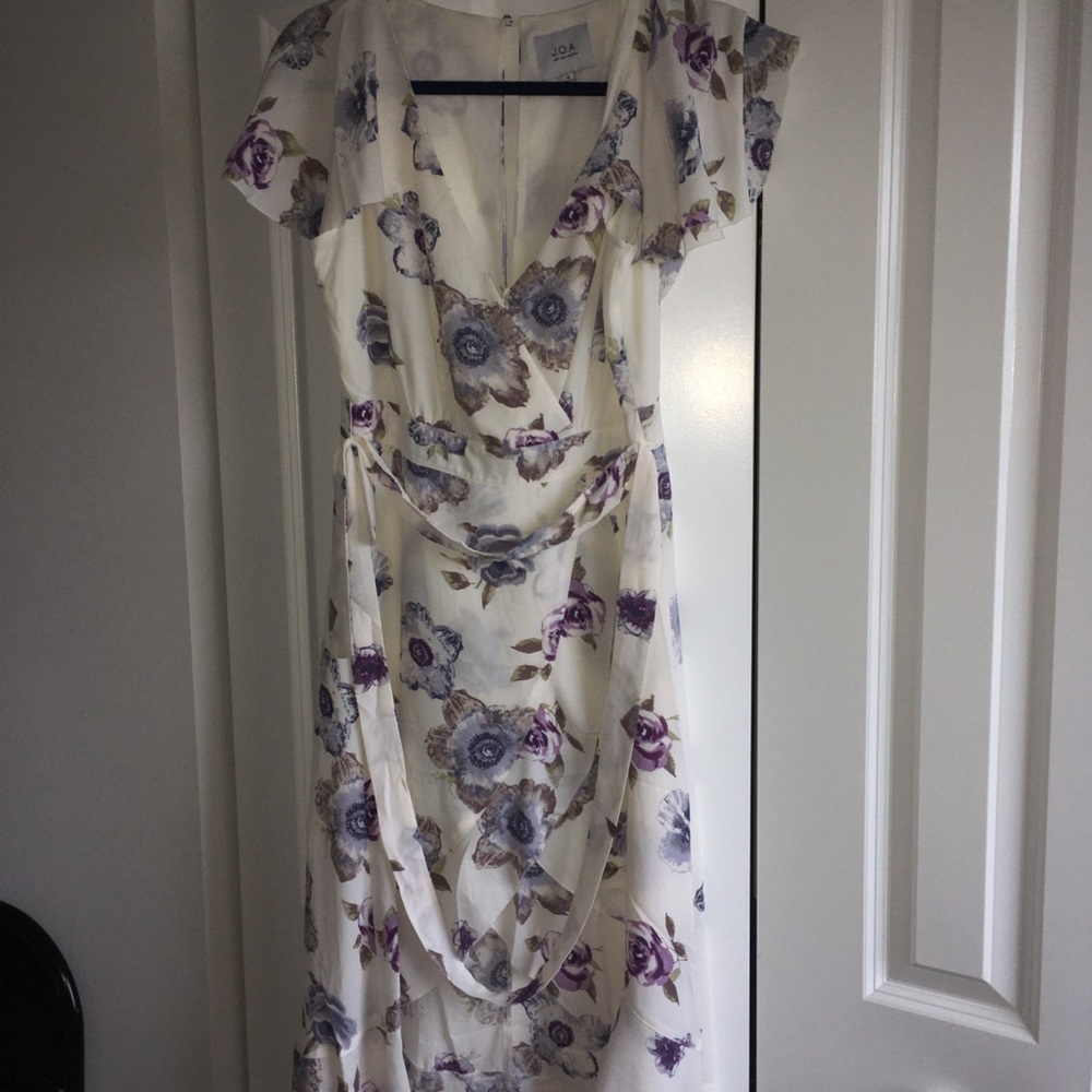 J.O.A hi lo wrap dress with ruffled shoulder